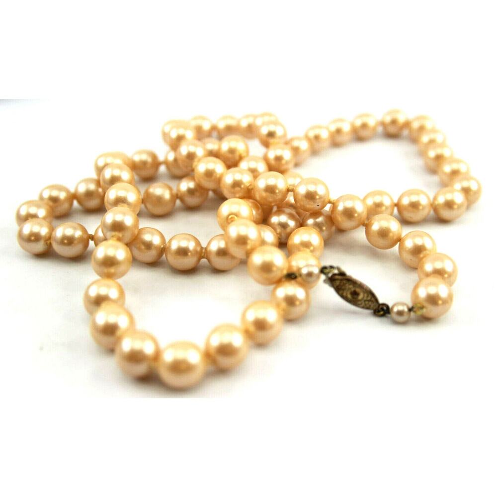 36" Individually Knotted Champagne Glass Bead Pearl Necklace Fish Hook Clasp